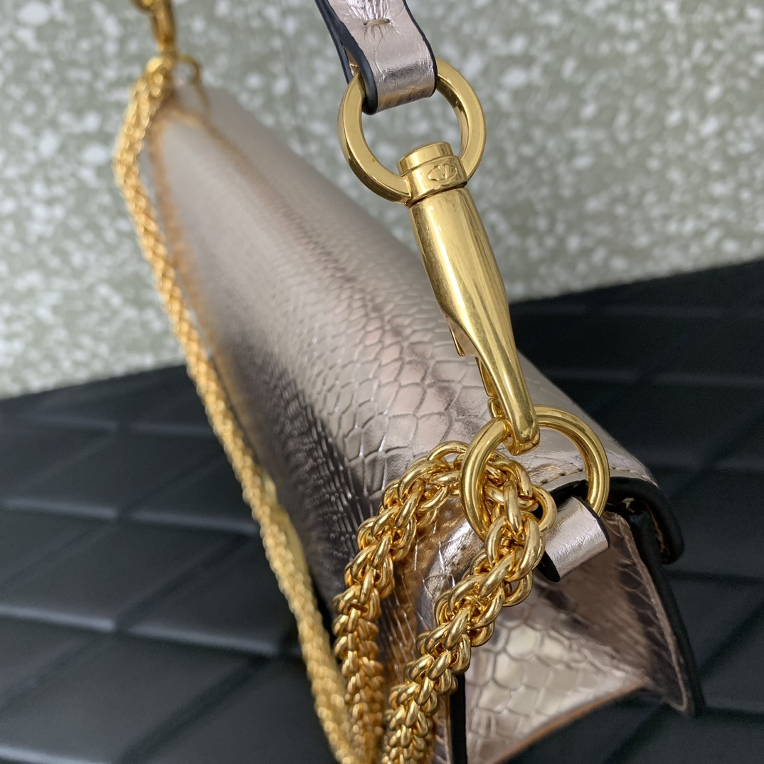 Valentino Garavani Loco Shoulder Bag in Gold Snake Grain Calfskin Leather